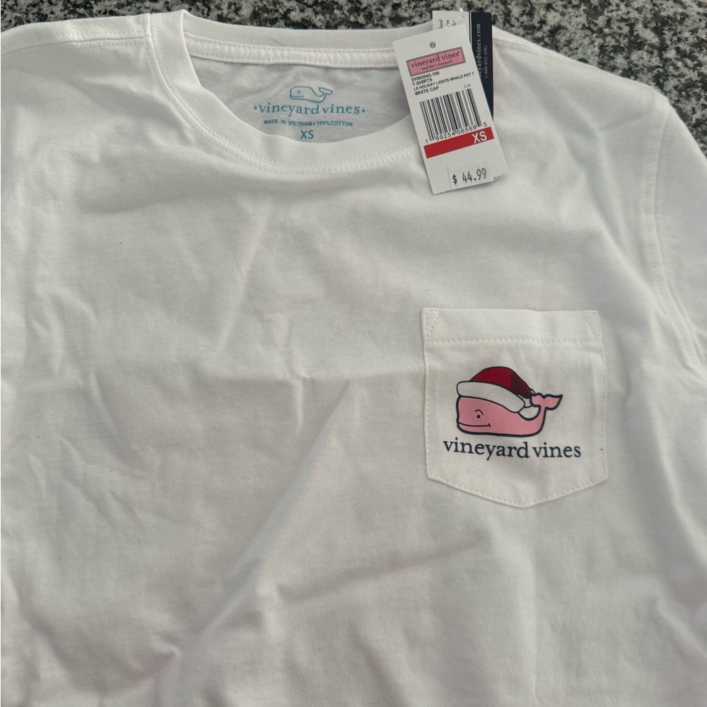 Vineyard Vines White Tee with Festive Pink Whale